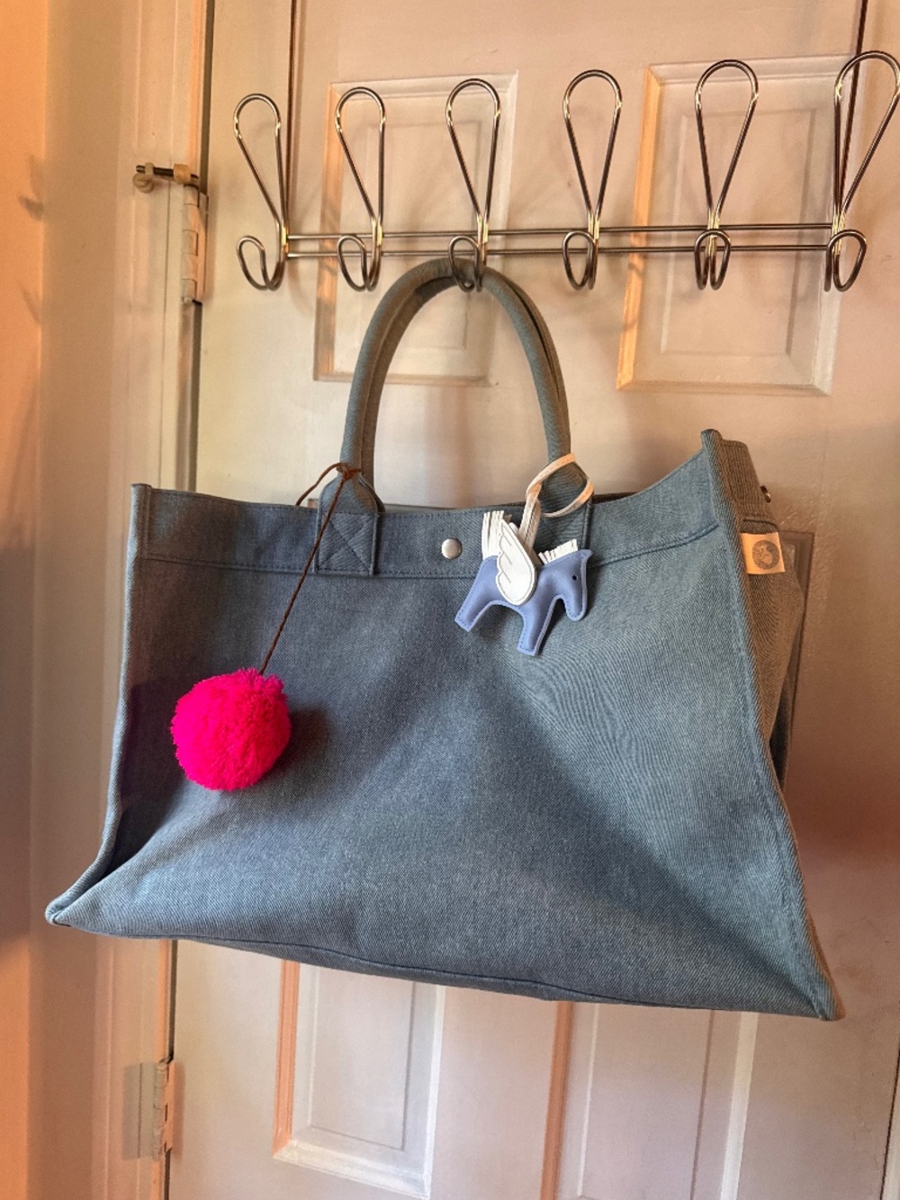 Rare Quilted koala “Koala Canvas” denim weekender bag with pom pom and unicorn